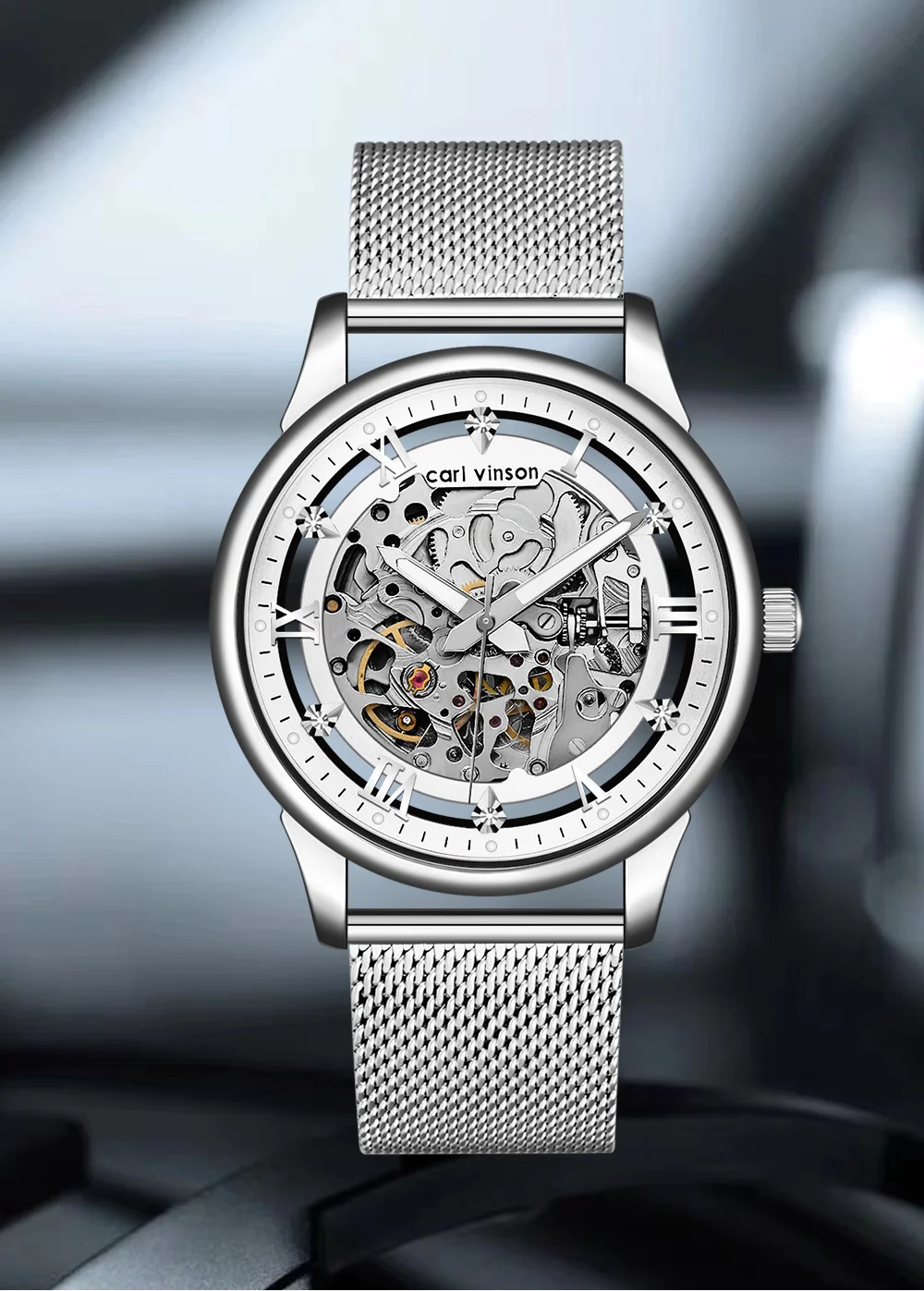 Мужские автоматические часы с полым дизайном Carl Vinson