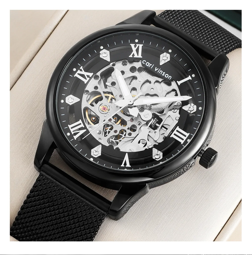 Мужские автоматические часы с полым дизайном Carl Vinson