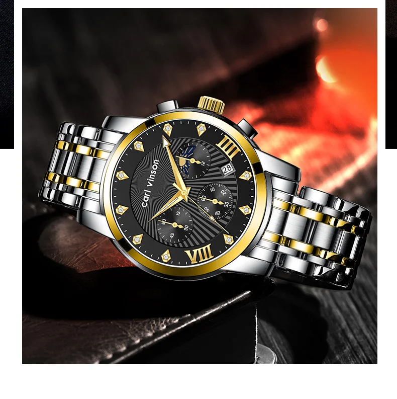 Мужские мужские кварцевые часы с фазами луны Carl Vinson