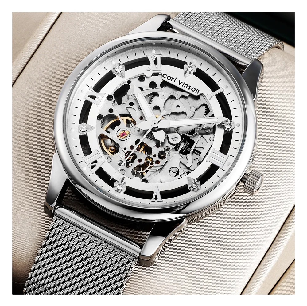 Мужские автоматические часы с полым дизайном Carl Vinson