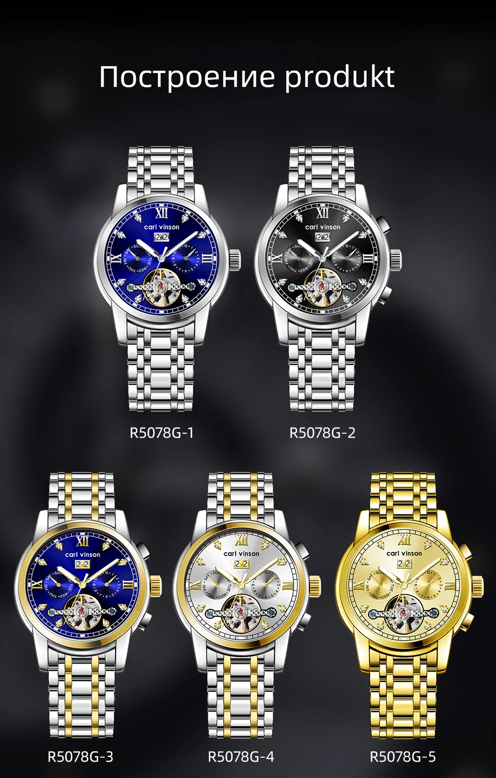 Мужские роскошные хронографы автоматические часы Carl Vinson