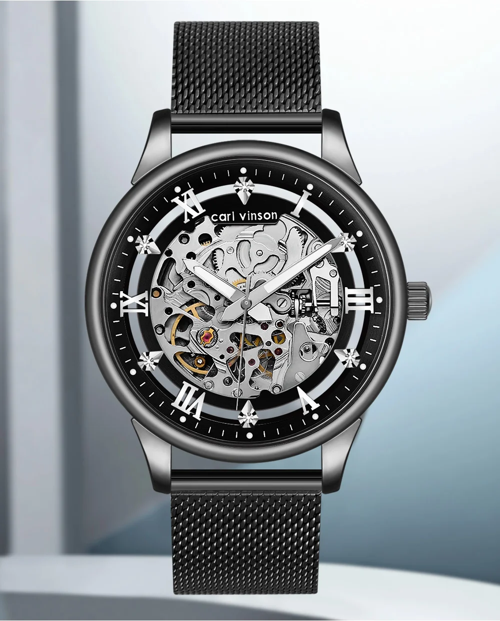Мужские автоматические часы с полым дизайном Carl Vinson