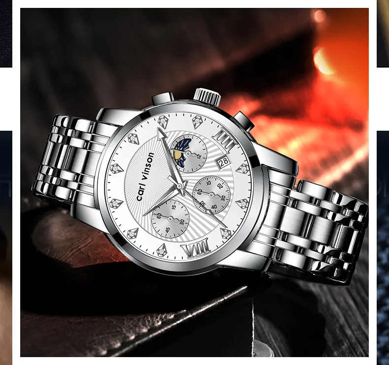 Мужские мужские кварцевые часы с фазами луны Carl Vinson